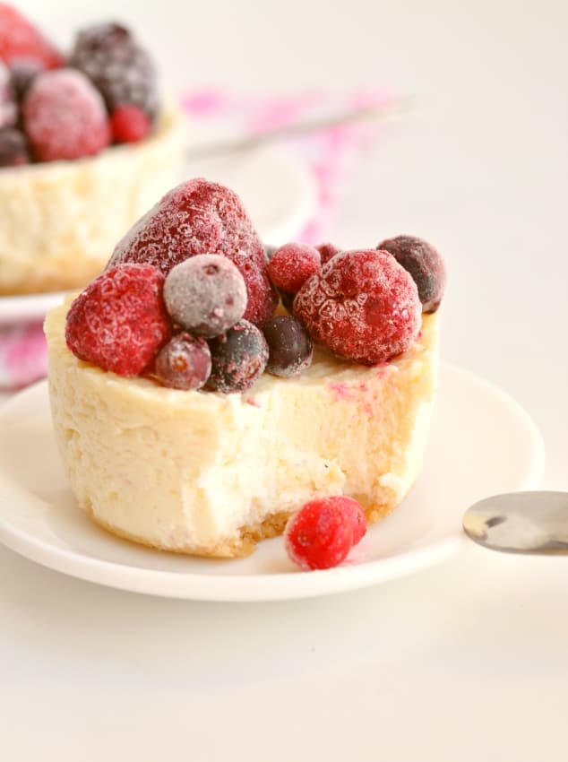 A healthy microwave cheesecake with a bite taken out