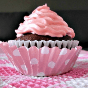 A chocolate cupcake with pink swirled frosting