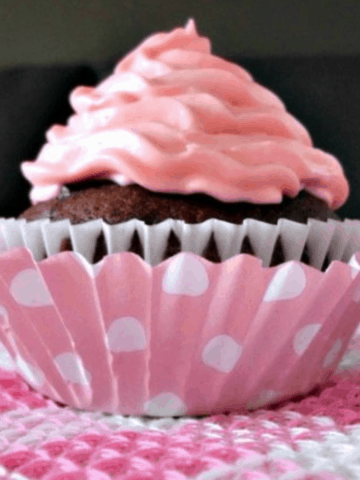 A chocolate cupcake with pink swirled frosting