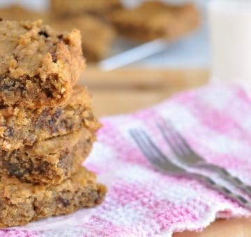 Four Healthy Chocolate Chip Cookie Dough Bars stacked on top of each other