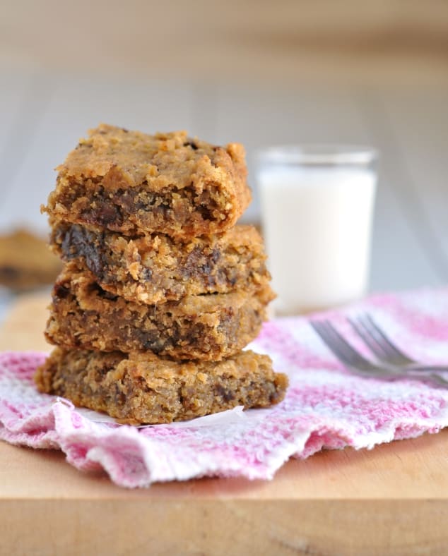 Healthy Chocolate Chip Cookie Dough Bars stacked in a tower