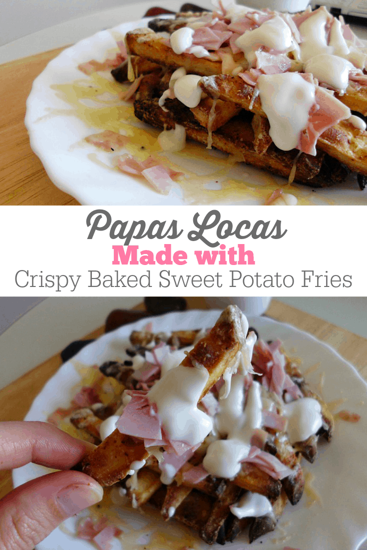 Papas Locas made with Crispy Baked Sweet Potato Fries - healthy homemade sweet potato fries topped with gooey melted cheese and chunks of ham. Gluten-free and perfect for lunch or a snack! | happyhealthymotivated.com