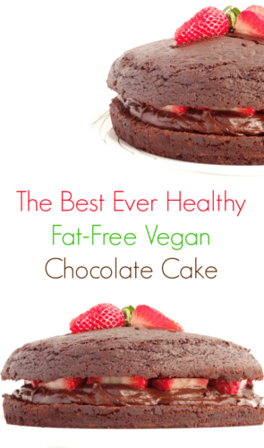 The Best Ever Healthy Fat-Free Vegan Chocolate Cake with Strawberries - this really is the ultimate dense and fudgy chocolate cake made with no milk, butter or eggs! | www.happyhealthymotivated.com