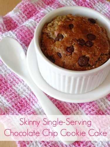 Skinny Single-Serving Chocolate Chip Cookie Cake #Recipe - an eggless fat-free cake for one that tastes like a heavenly cross between a crunchy chocolate chip cookie and a fluffy chocolate chip cake. Takes less than 30 minutes to make from start to finish! | www.happyhealthymotivated.com