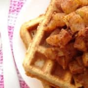 #Healthy Apple Pie Waffles #Recipe - these homemade waffles are mad with oatmeal and whole wheat flour, making them bursting with fiber and goodness! The perfect breakfast dish to warm up with on a crisp fall morning. | www.happyhealthymotivated.com