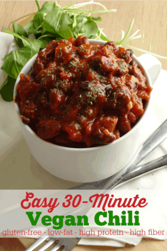 Easy 30-Minute Vegan Chili Recipe - naturally gluten-free, low fat, high fiber and high protein! Seriously - this is the BEST chili recipe. So good that you'll never ever miss the meat!