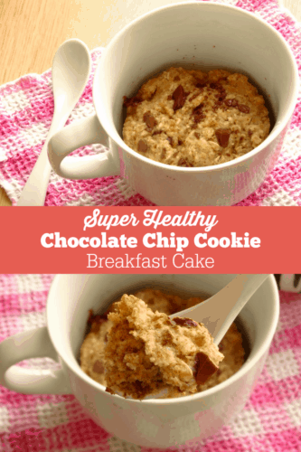 This healthy breakfast recipe tastes just like a fresh-from-the-oven warm chocolate chip cookie cake but it's actually really good for you! And it only takes 3 minutes to make. Perfect for a healthy grab and go breakfast on busy mornings!!