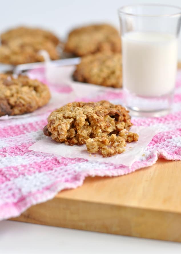 A half-eaten healthy chocolate chip oatmeal cookie