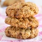 A stack of 3 of the best ever healthy chocolate chip oatmeal cookies