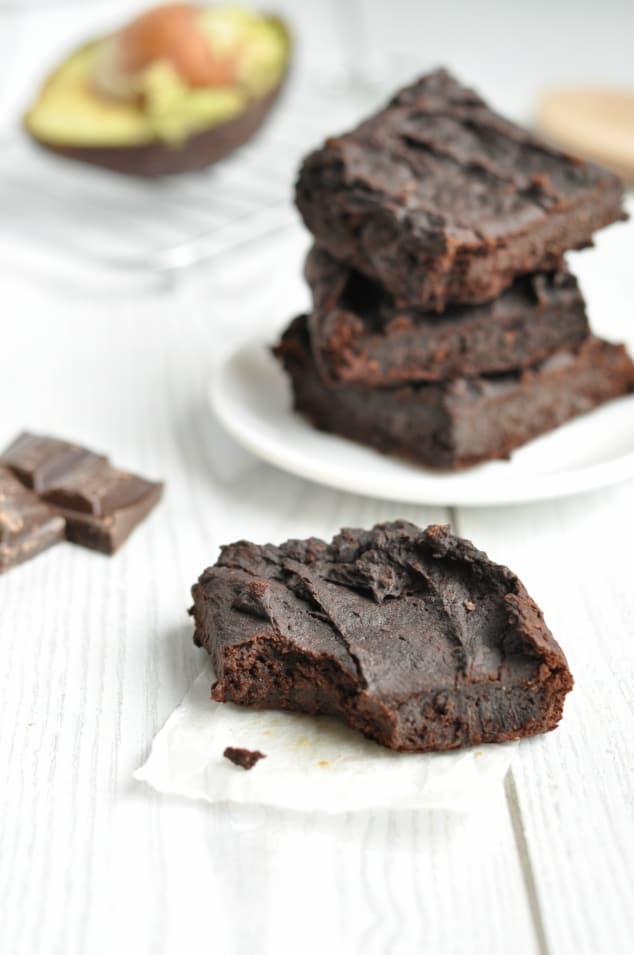 A healthy vegan brownie with a bite taken out