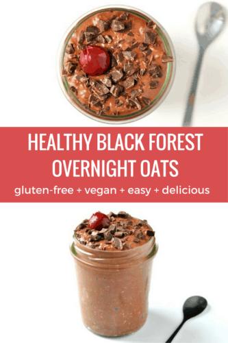 Black Forest Overnight Oats Recipe | This healthy breakfast recipe takes just 5 minutes to make and tastes amazing! Loaded with dark chocolate and cherries, this definitely tastes more like an indulgent dessert than a healthy breakfast.