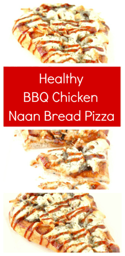 BBQ Chicken Naan Bread Pizza Healthy Version | Think pizza can't be healthy? Wrong! This recipe uses a yummy garlic naan bread as a pizza crust and is topped with protein-packed chicken, mozzarella and BBQ sauce.