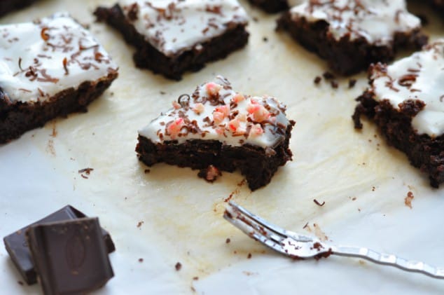 Closeup of a healthy peppermint brownie with a bite taken out