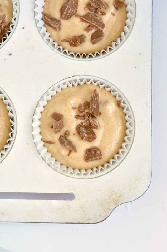 Healthy banana bread muffin batter in cupcake liners